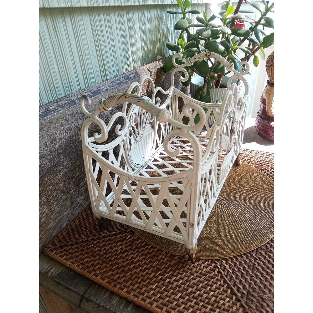 Wrought Iron Planter, Ornate Scrollwork, 1920's Antique, White 24x7, two 6" pots - Picture 12 of 15